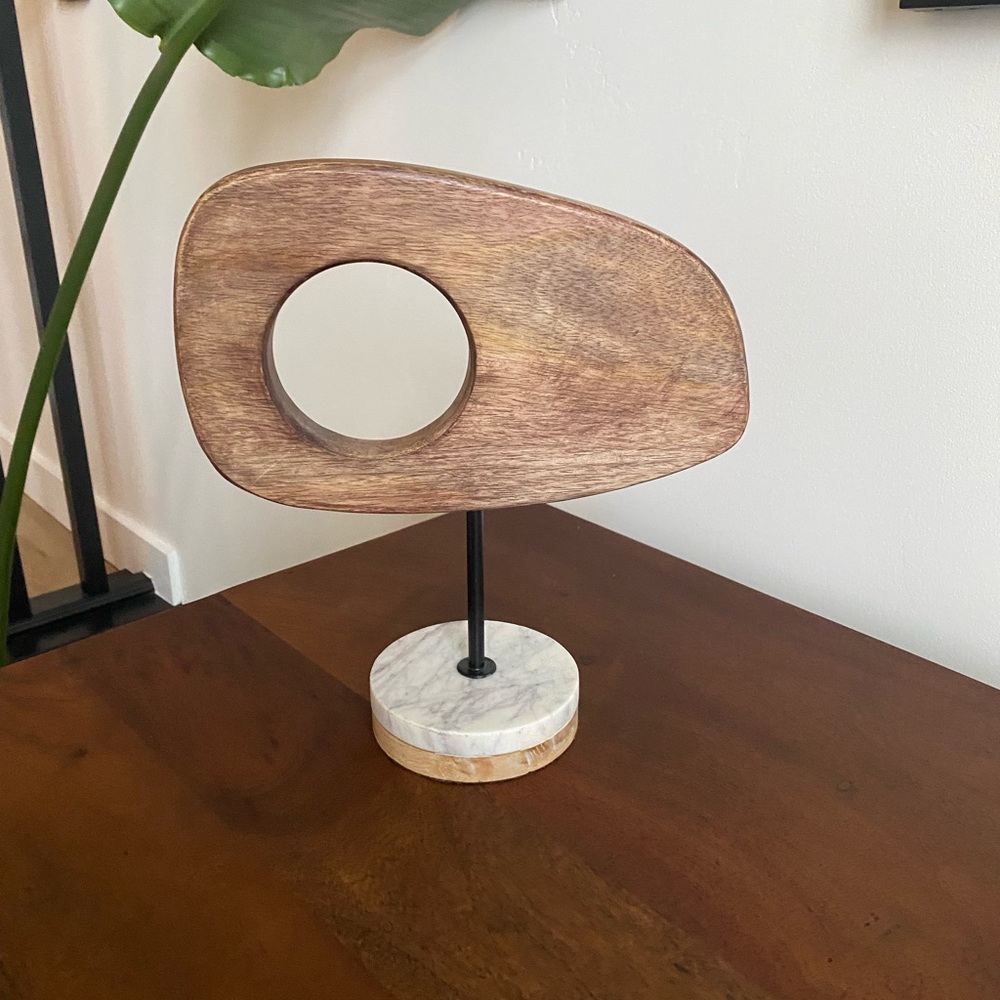 Mango Wood Cutout Abstract Sculpture with Marble Base